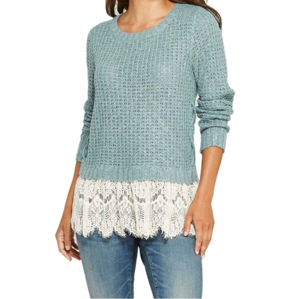 Knox Rose Women’s Long Sleeve Lace Twofer Sweater Sz M Waffle Knit Crew Neck